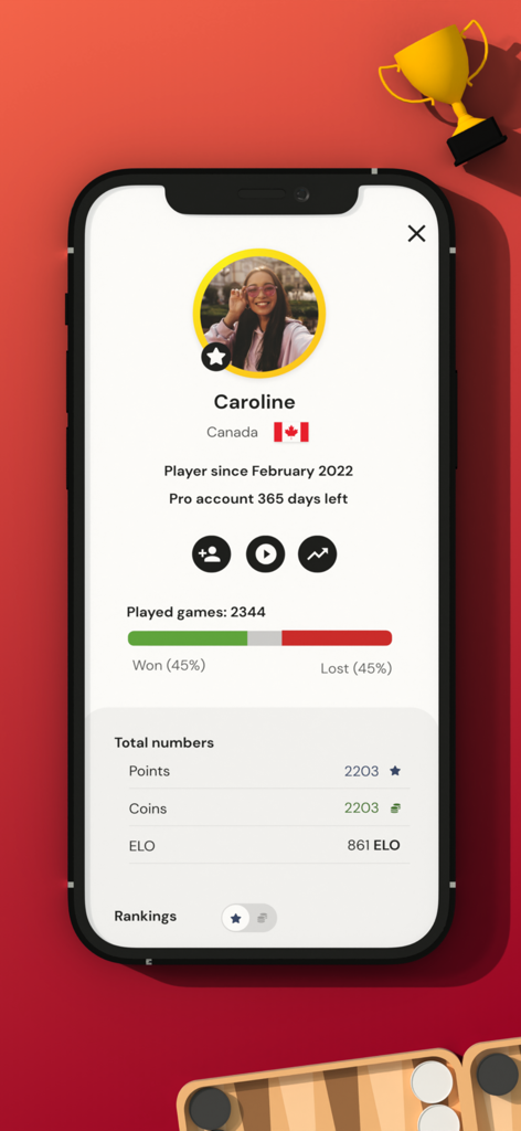 Backgammon Pro Online - Schermata del profilo utente nell'app Backgammon Pro Online che visualizza statistiche dettagliate del giocatore, inclusi rapporto vittorie/sconfitte e punteggio ELO