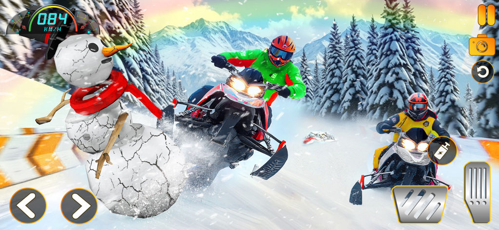 Extreme Snowmobile Racing Rush - Snowmobile racing game with two riders on a snowy mountain track hitting a snowman