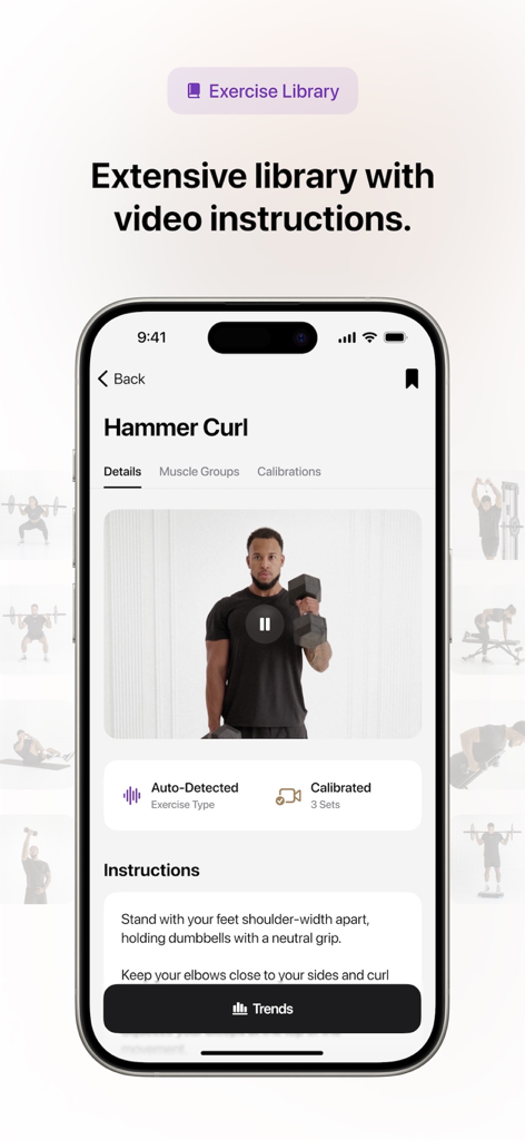 The Motra app interface showing an extensive exercise library with a video tutorial and instructions for hammer curls