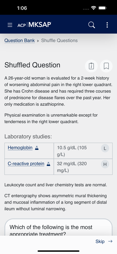 ACP MKSAP - ACP MKSAP app interface displaying a clinical case study and medical practice question with laboratory results for internal medicine board preparation.