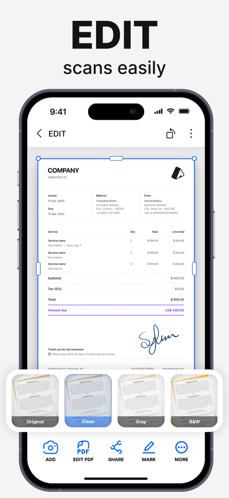 PDFスキャナーアプリのインターフェイスで、署名と画像フィルターを使用して請求書のコピーを編集している様子