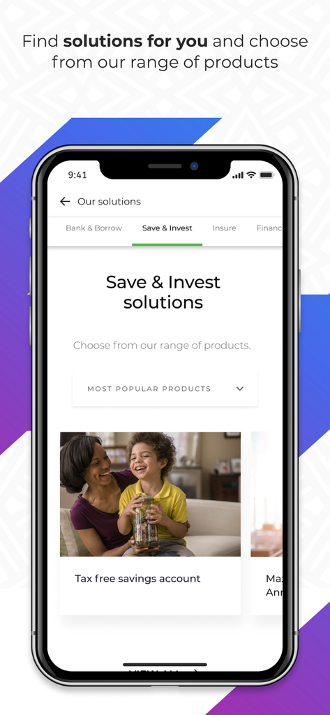 Old Mutual - Old Mutual mobile app interface showing various investment and savings solutions