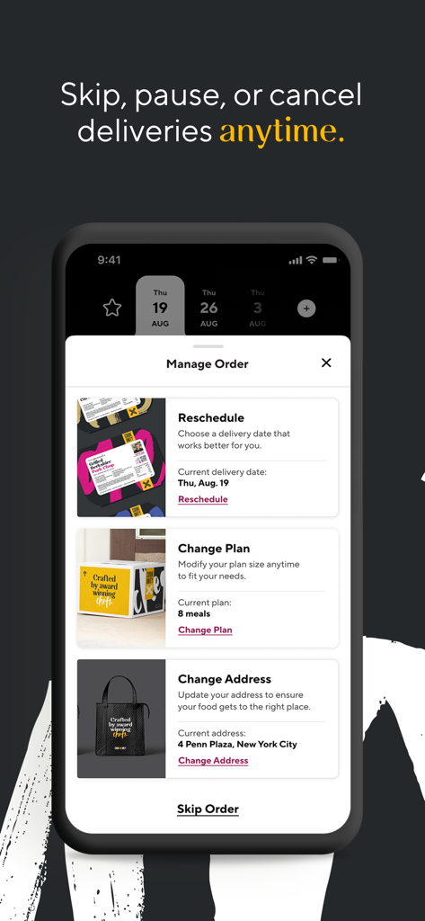 A smartphone showing the CookUnity app Manage Order screen with options to reschedule, change plan, and update delivery address.