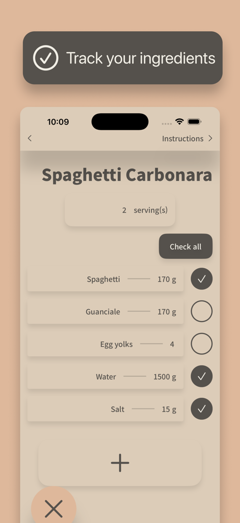 나만의 레시피 앱에서 체크박스가 있는 스파게티 까르보나라 재료 목록