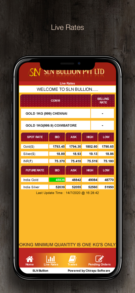 SLN Bullion app showing live gold and silver market rates