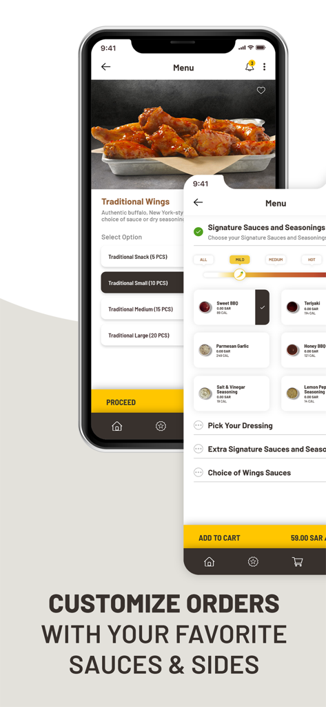 BWW International - Buffalo Wild Wings 앱 인터페이스에서 윙 맞춤 설정 및 시그니처 소스 선택 표시