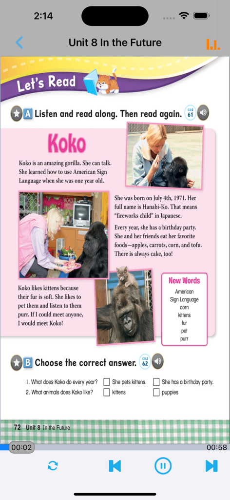 牛津少儿英语Let’s go 6 - A reading lesson screen from the Lets Go 6 app featuring a story about Koko the gorilla with vocabulary and comprehension questions.