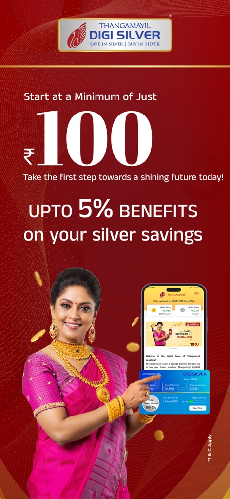 Traditional South Indian woman showcasing the Thangamayil Digi Silver mobile savings app.