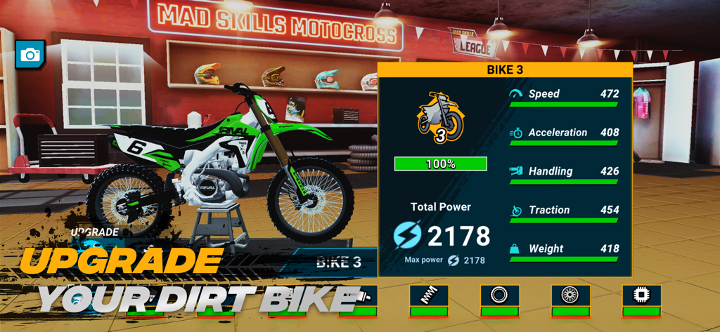 Mad Skills Motocross 3 - Dirtbike-Anpassungs- und Leistungs-Upgrade-Menü in Mad Skills Motocross 3