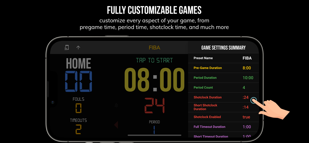BT 농구 스코어보드 앱 인터페이스가 스마트폰에서 FIBA 규칙에 대한 사용자 정의 가능한 경기 설정을 보여줍니다.
