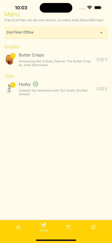 Interfaz de la aplicación Clean Meal que muestra un menú de aperitivos y productos disponibles en un frigorífico inteligente de oficina.