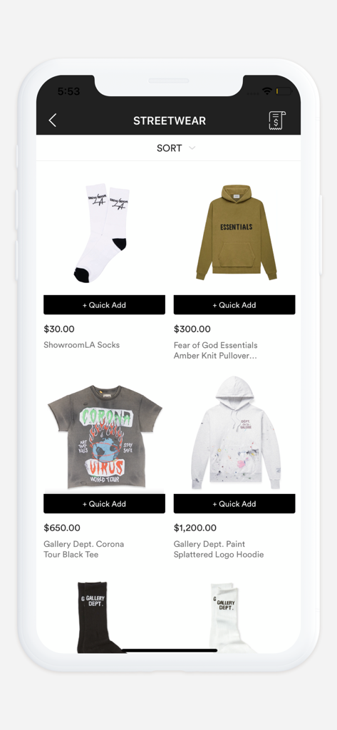 Showroom LA - Interfaz de la aplicación móvil Showroom LA mostrando productos streetwear de alta gama de marcas como Fear of God y Gallery Dept