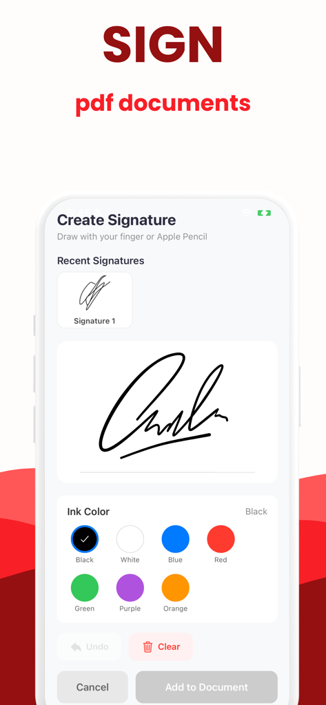 インクカラーオプションと手書き署名パッドが表示された署名作成画面を示すモバイルアプリインターフェース。