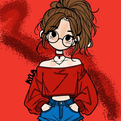 girl with a messy ponytail glasses a baggy crop top and jean shorts