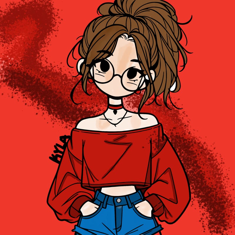 girl with a messy ponytail glasses a baggy crop top and jean shorts