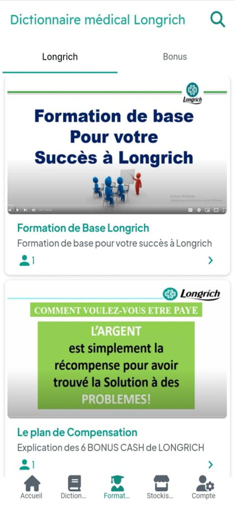 Longrich connect PRO - Training and compensation plan screen of the Longrich connect PRO app