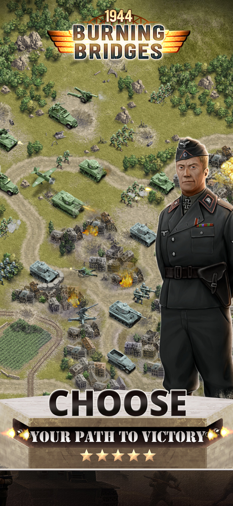 Tactical map showing WWII units and a military commander in 1944 Burning Bridges Premium.