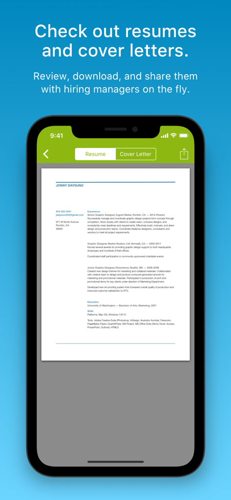 Mobile interface of the BambooHR Hiring app showing a candidate resume.