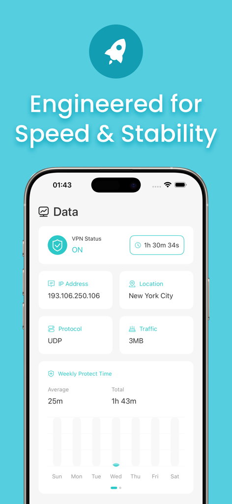 X-VPN app interface showing connection status, IP address, and New York City server location.