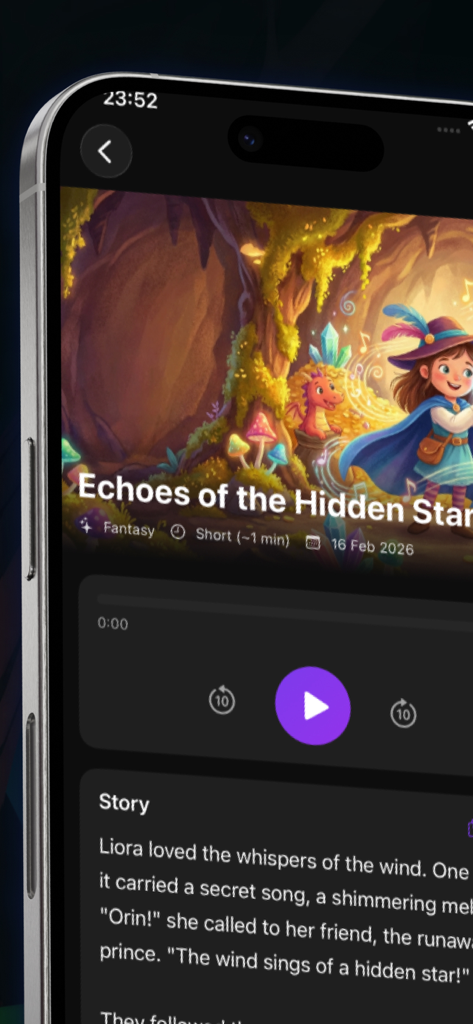A dark mode story interface showing the fantasy book Echoes of the Hidden Star with audio player controls and text for kids