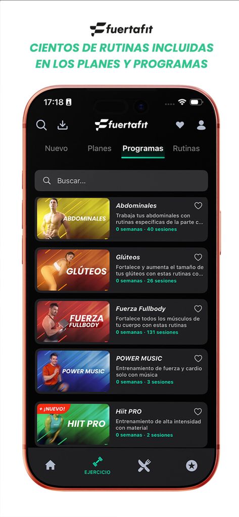 Screen from the Fuertafit plus app showing a list of fitness programs for abs glutes and full body strength