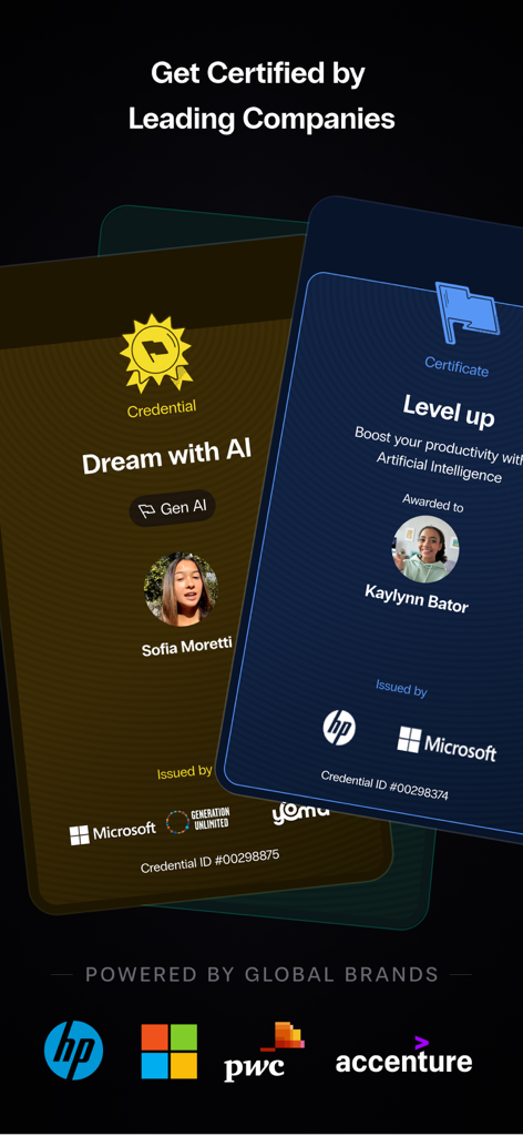 Digital credentials from Microsoft and HP displayed on the Goodwall career development app.