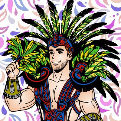 a realistic man  in the carnaval of rio with a carnival costume from brazil with feathers