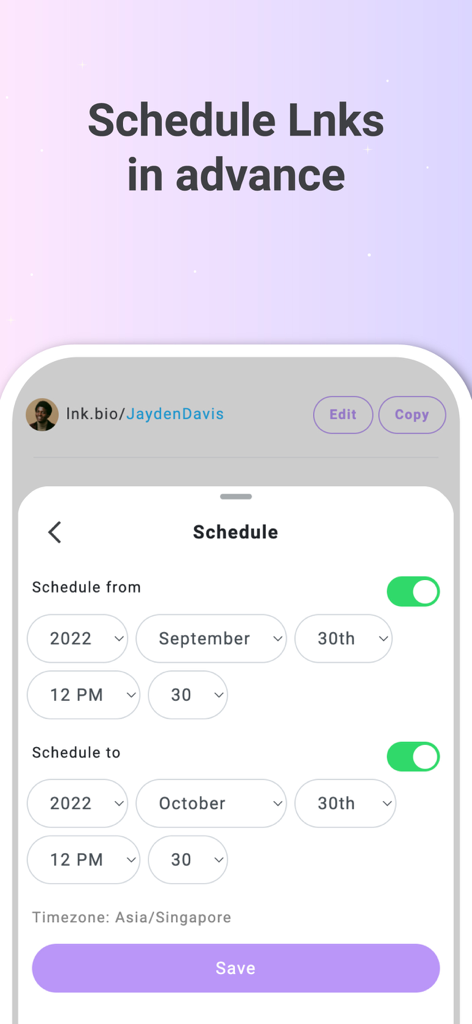 Lnk.Bio - Link in bio - Lnk.Bio mobile app interface for scheduling links in advance with date and time pickers