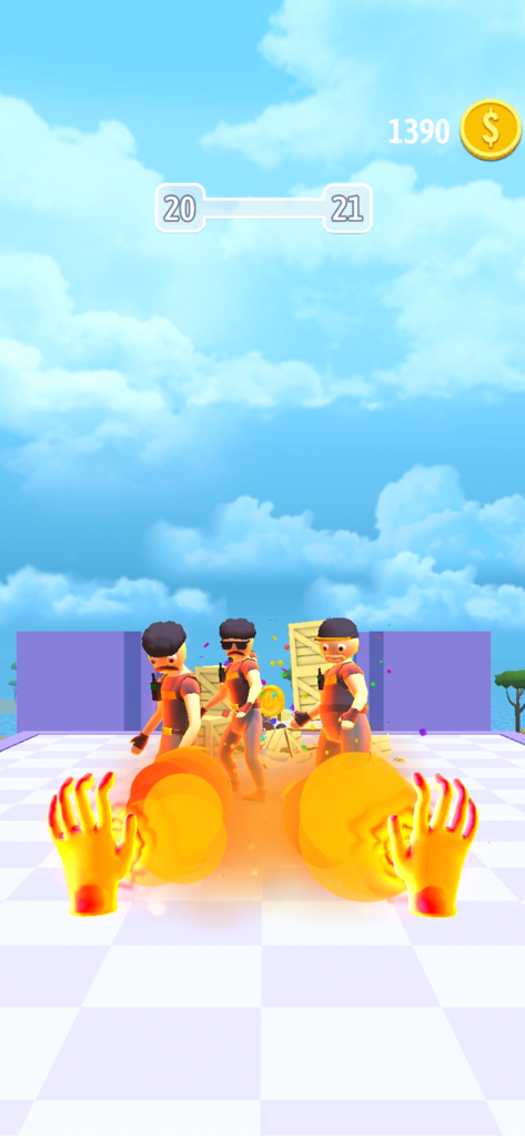 First person perspective of glowing fire gloves attacking enemies in a mobile game level.