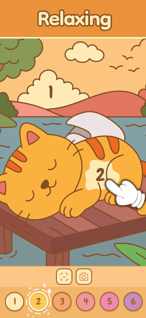 Bildschirm eines entspannenden Malen-nach-Zahlen-Spiels mit einer niedlichen schlafenden Katzenillustration.