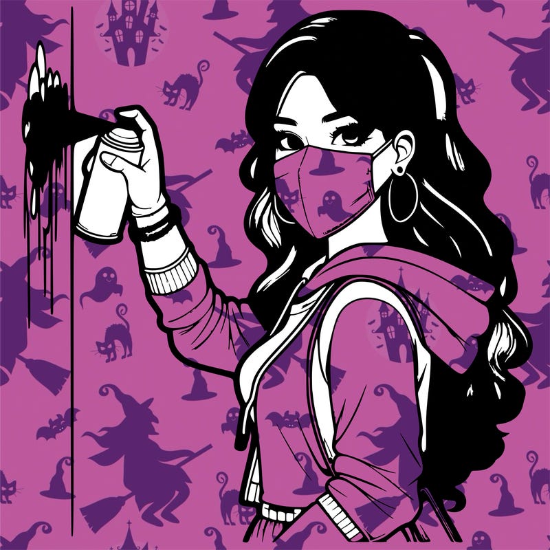 realistic girl with mask spray painting a wall