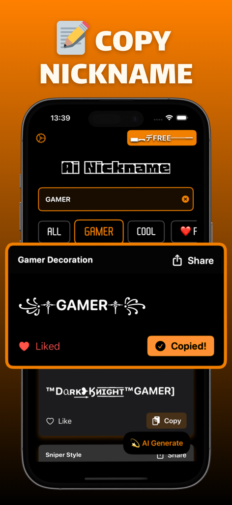 Smartphone screen showing a decorated gamer nickname and a copied notification in the app