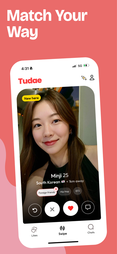 Tudae - Meet, Explore and Date - A screenshot of the Tudae dating app showing a profile of a 25-year-old woman with options to like, pass, or message.