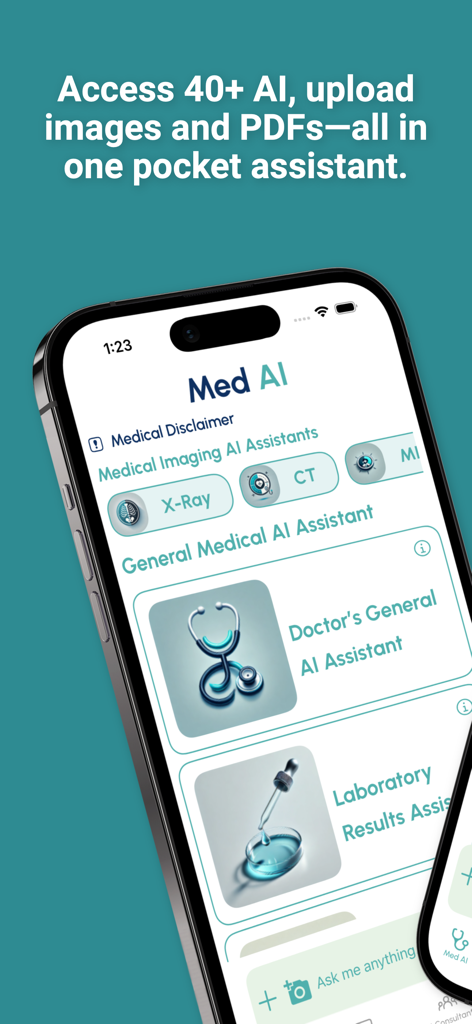 MedAI: Pro AI Doctor Assistant - MedAI app interface showing medical imaging and general AI assistants for healthcare professionals