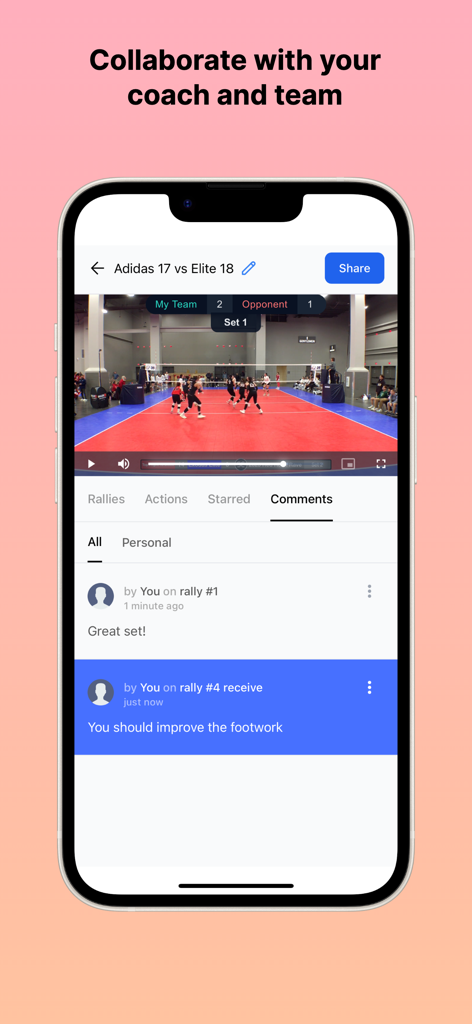 Balltime AI - Balltime AI app interface showing a volleyball match video with comments for team and coach collaboration.