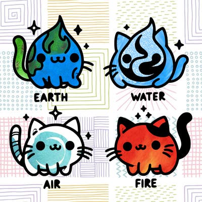 4 cats that represent the different elements, earth, water, air, and fire