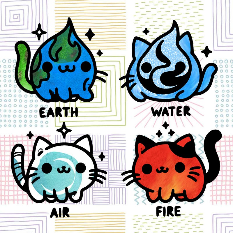 4 cats that represent the different elements, earth, water, air, and fire