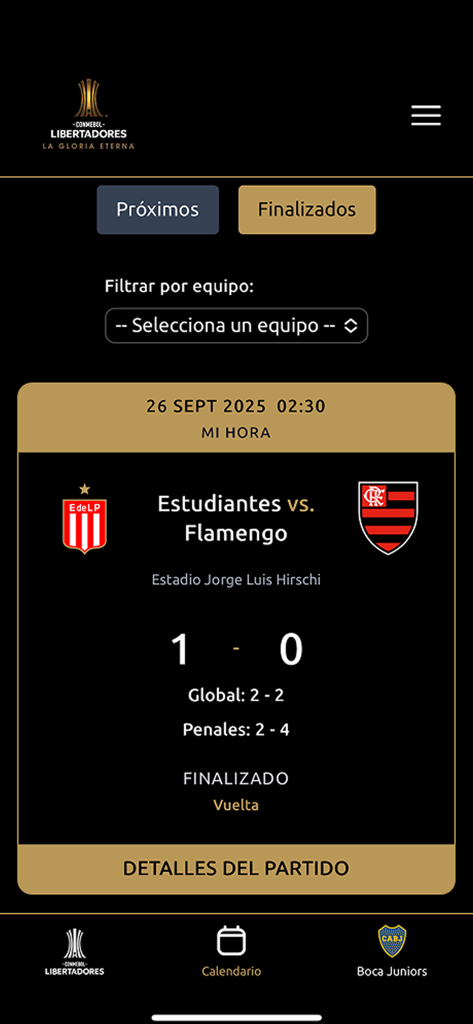 CONMEBOL Libertadores - Captura de pantalla de la aplicación CONMEBOL Libertadores que muestra los detalles del partido para Estudiantes contra Flamengo
