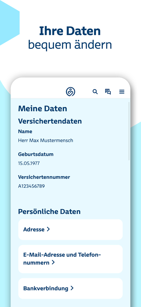 Meine SBK - Meine SBK app screen for managing personal information including insurance data address and bank details