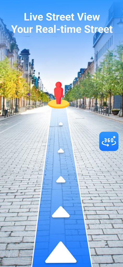 Street View Live Earth Map 3D - Immersive 3D street view navigation interface showing a cobblestone road with a path and pegman icon.