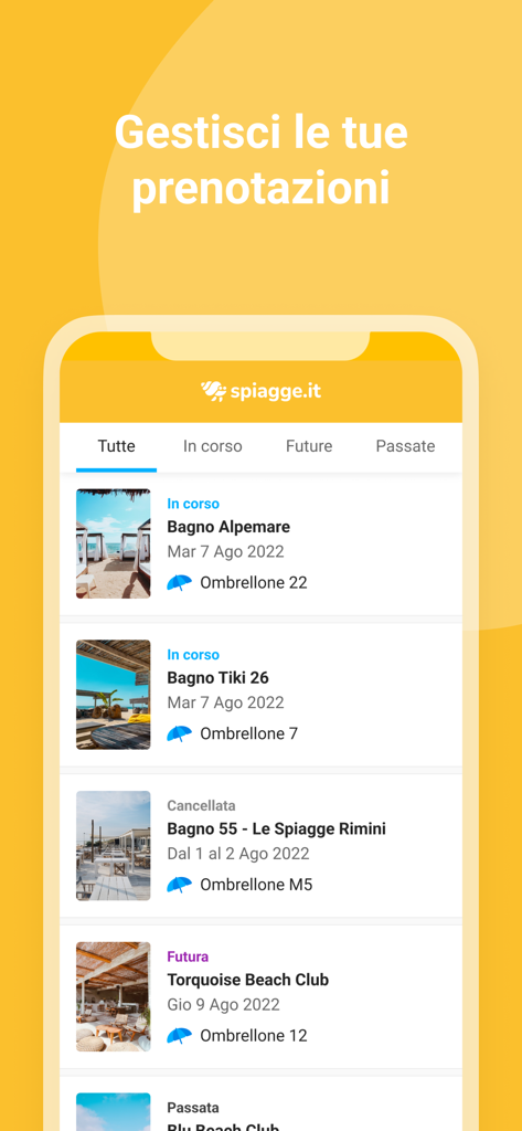 Spiagge.it - Booking spiaggia - Schermata dell'app che mostra un elenco di prenotazioni di ombrelloni in stabilimenti balneari e il loro stato di prenotazione