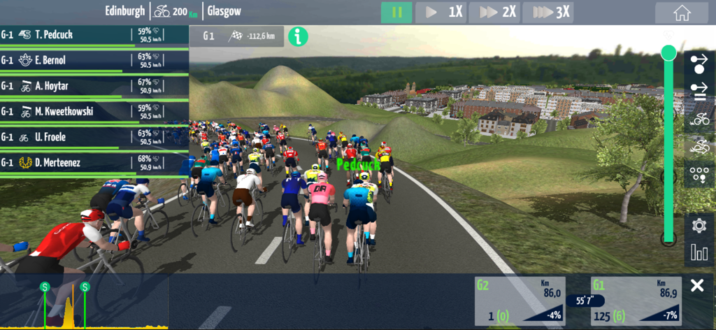 In game 3D cycling race simulation showing a peloton of riders with management stats and tactical controls