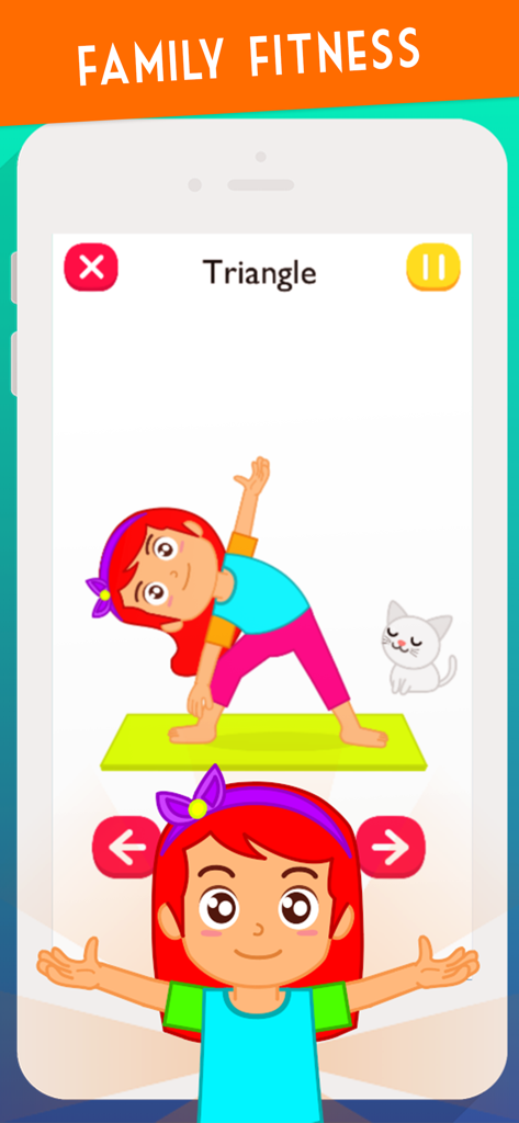 Kids Exercise : Kids Workout - 子供向けワークアウトアプリで、三角のポーズをとる少女の漫画。