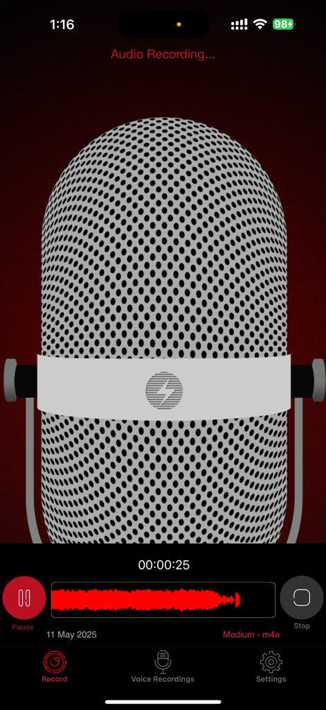 HD Recorder Pro : Voice Editor - Interface of HD Recorder Pro app showing an active audio recording session with a digital waveform and timer