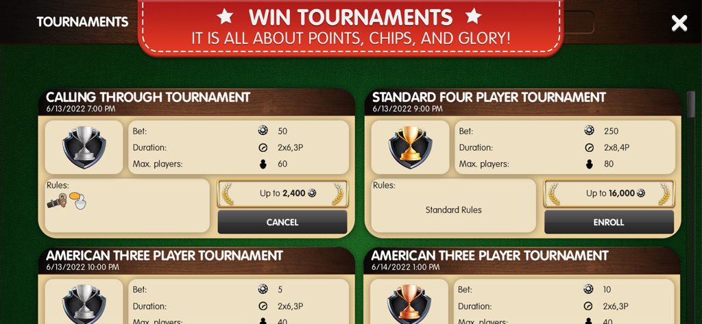Auswahlmenü für Turniere in Pinochle Palace, das verschiedene Spielformate und Chip-Belohnungen anzeigt