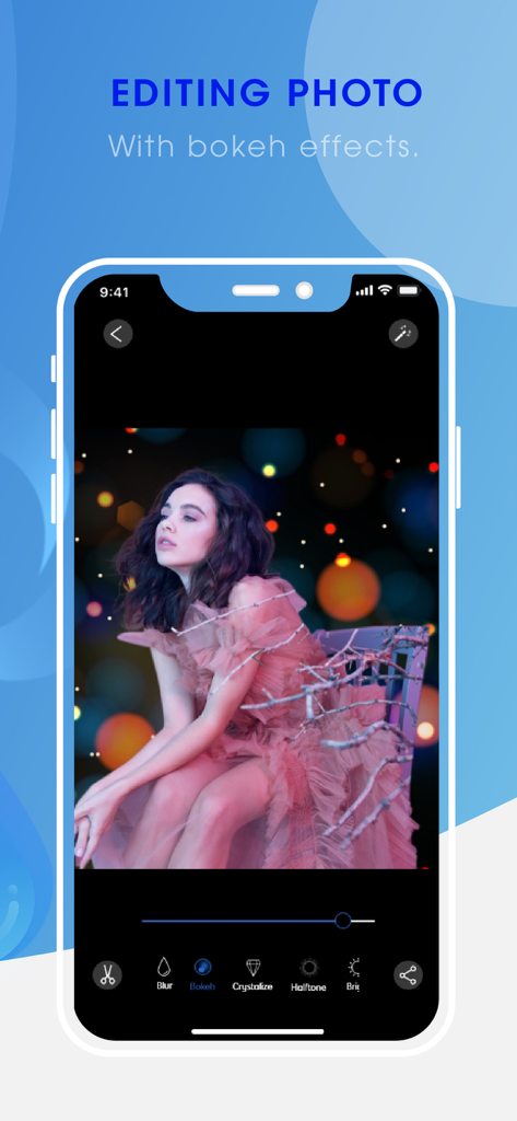 Auto Blur Background - Interfaz de la aplicación Fondo de Desenfoque Automático que muestra una foto de retrato siendo editada con efectos de luz bokeh coloridos.