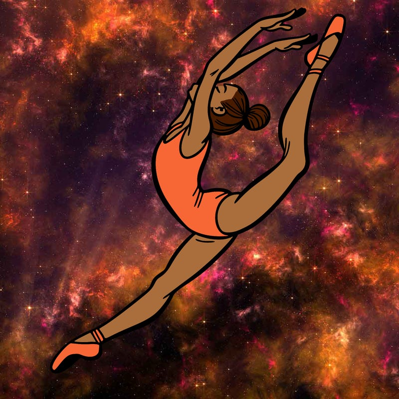 gymnast doing a leap in a leotard with a bent back leg