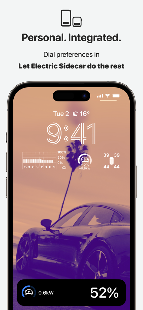 Sidecar app lock screen featuring EV battery status and vehicle diagnostics widgets