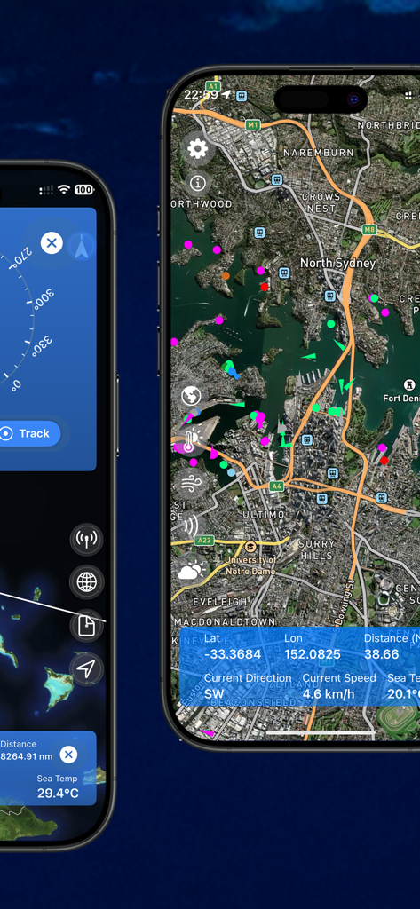 Sea Maps - Écran de l'application Sea Maps affichant une carte thermique de la température de surface de la mer avec coordonnées GPS et données marines.