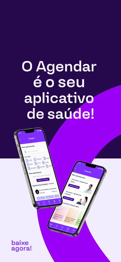 Amplimed: Agendar consulta - Dois iPhones mostrando a interface do aplicativo Amplimed para agendamento de consultas médicas em português